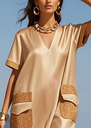 Contrast Trim Deep V-Neck Short Sleeve Patch Pocket Shift Midi Dress