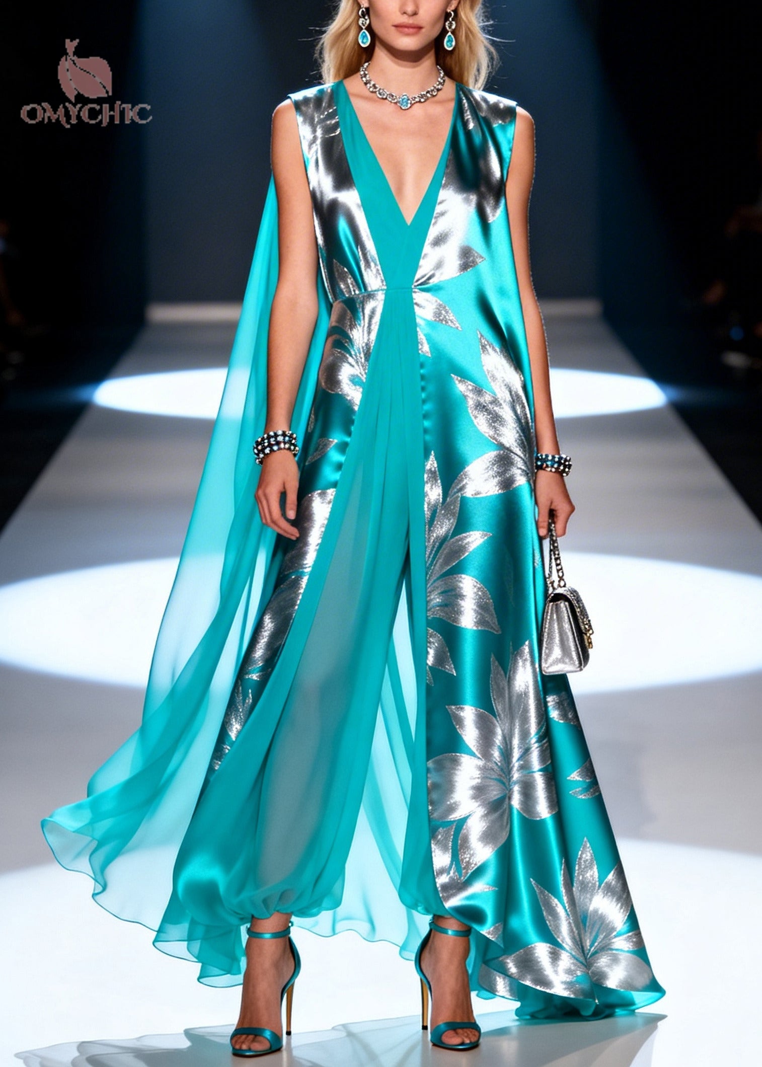 Style Lake Blue Jacquard Patchwork Chiffon Maxi Dresses Summer - View 3