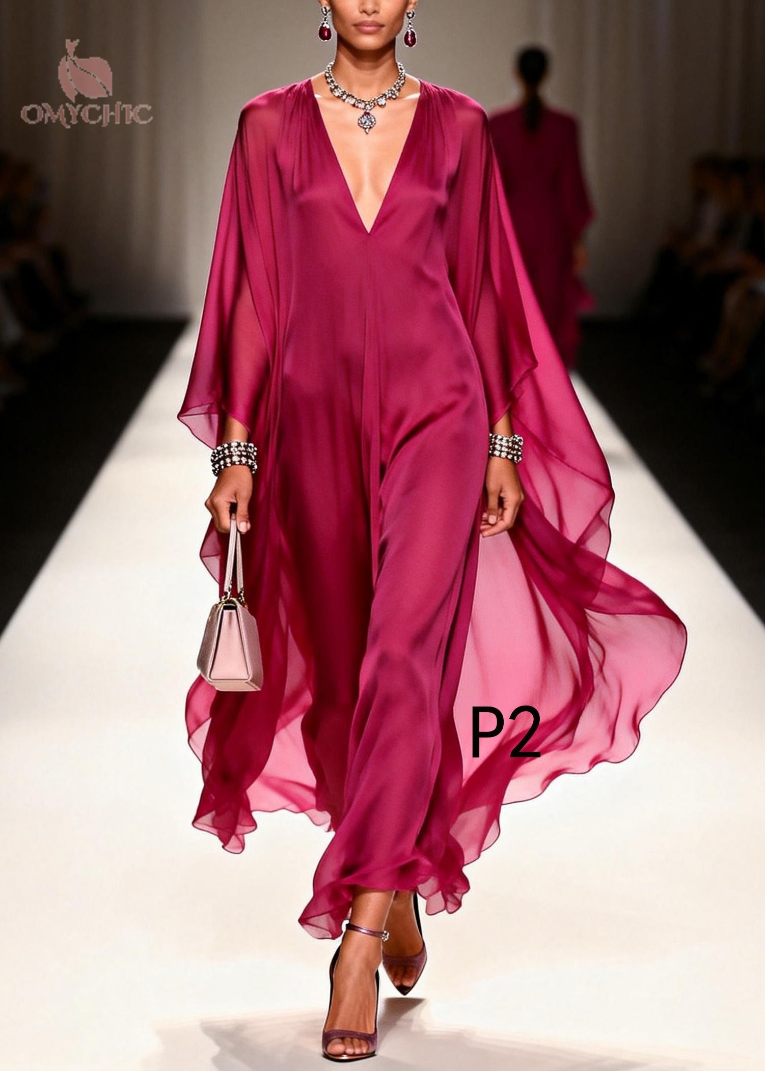 Chiffon Deep V-Neck Sheer Cape Sleeve Wide Leg Maxi Jumpsuit