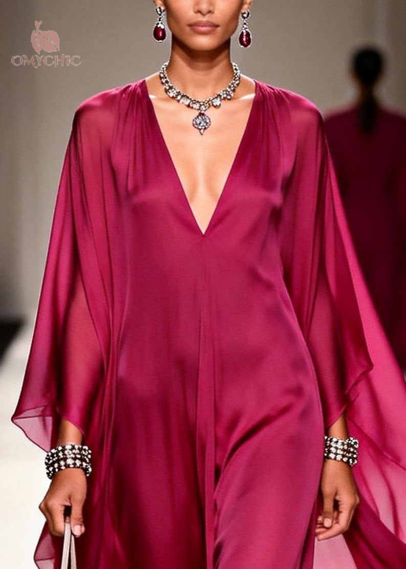 Chiffon Deep V-Neck Sheer Cape Sleeve Wide Leg Maxi Jumpsuit