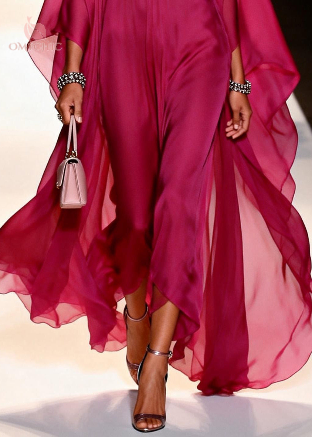 Chiffon Deep V-Neck Sheer Cape Sleeve Wide Leg Maxi Jumpsuit