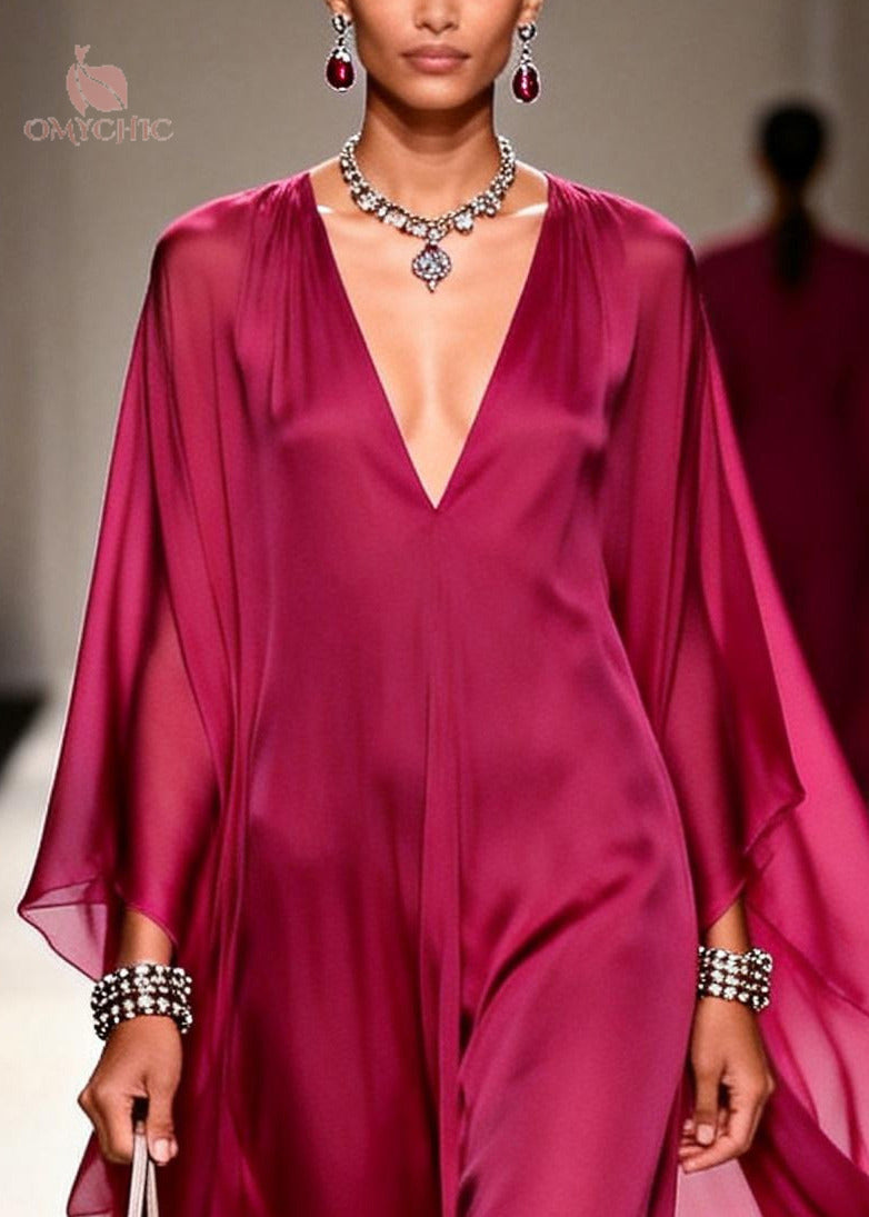 Chiffon Deep V-Neck Sheer Cape Sleeve Wide Leg Maxi Jumpsuit