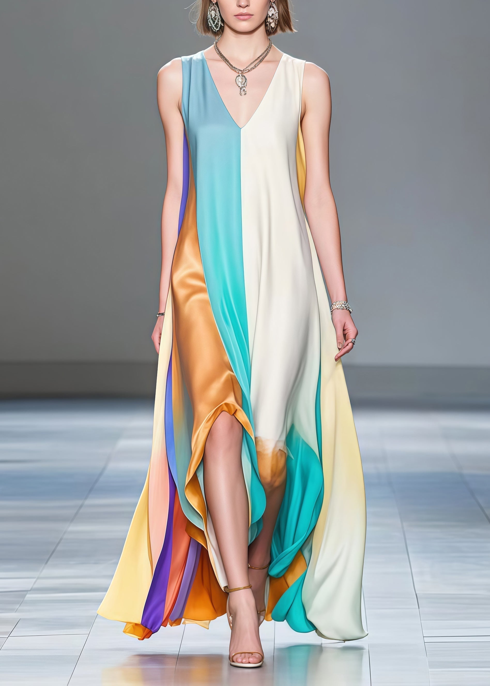 Deep V-Neck Sleeveless Satin Paneled High Split Asymmetrical Maxi Gown