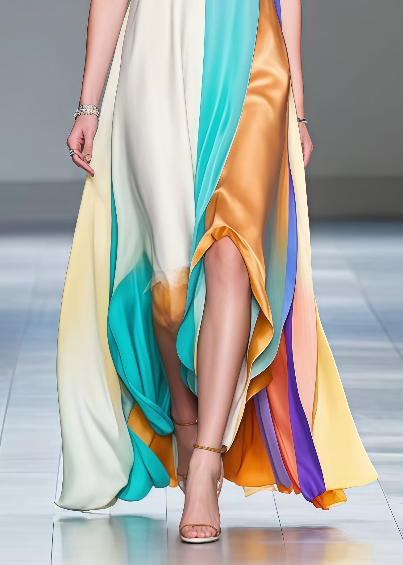 Deep V-Neck Sleeveless Satin Paneled High Split Asymmetrical Maxi Gown