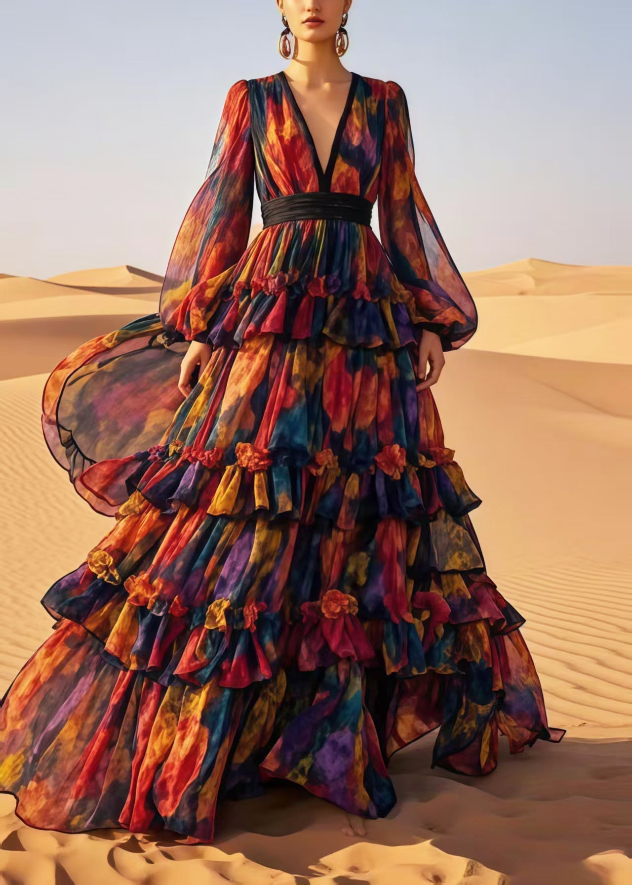 Chiffon Deep V-Neck Bishop Sleeve Pleated Waist Tiered Ruffle Maxi Gown