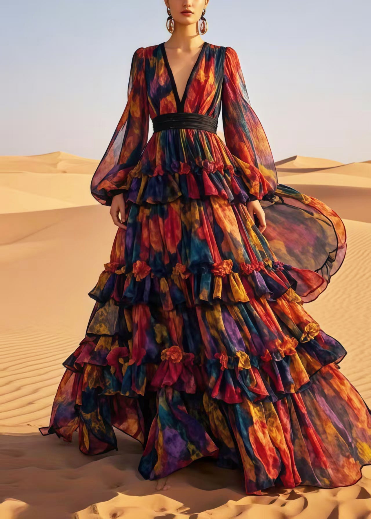 Chiffon Deep V-Neck Bishop Sleeve Pleated Waist Tiered Ruffle Maxi Gown