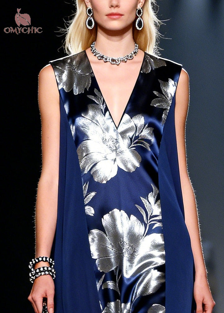 Deep V-Neck Sleeveless Floral Satin Draped Chiffon Maxi Dress