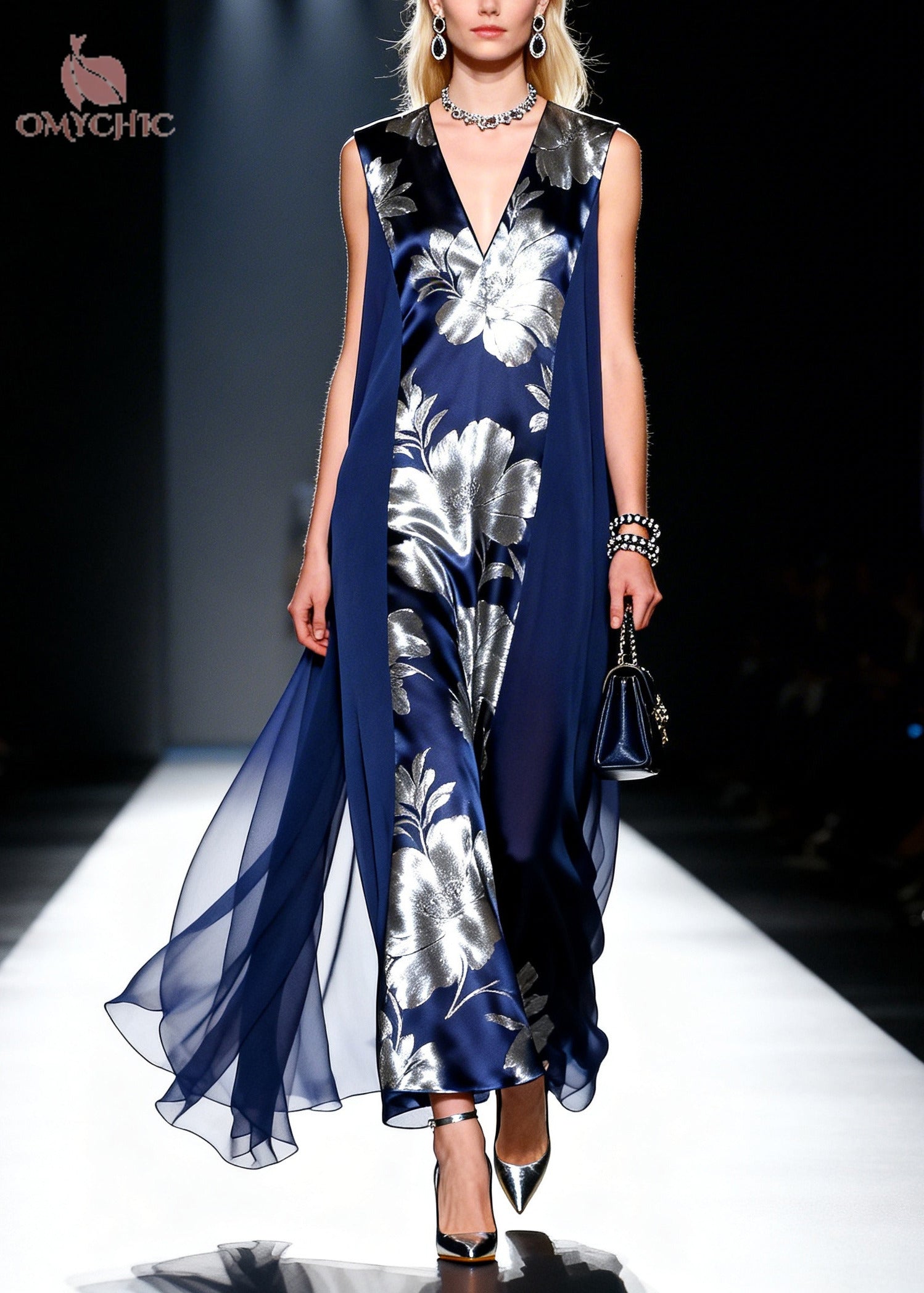 Deep V-Neck Sleeveless Floral Satin Draped Chiffon Maxi Dress