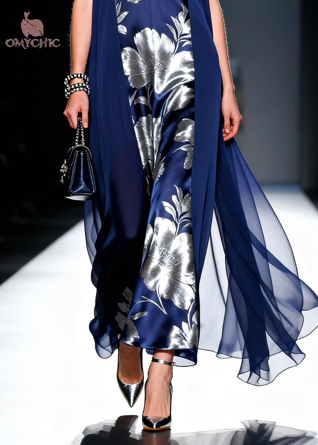 Deep V-Neck Sleeveless Floral Satin Draped Chiffon Maxi Dress
