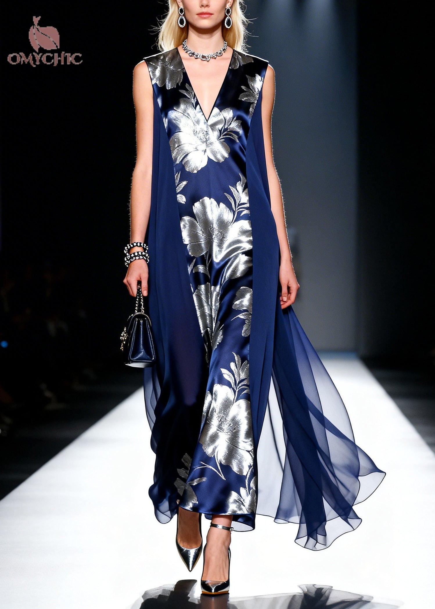Deep V-Neck Sleeveless Floral Satin Draped Chiffon Maxi Dress