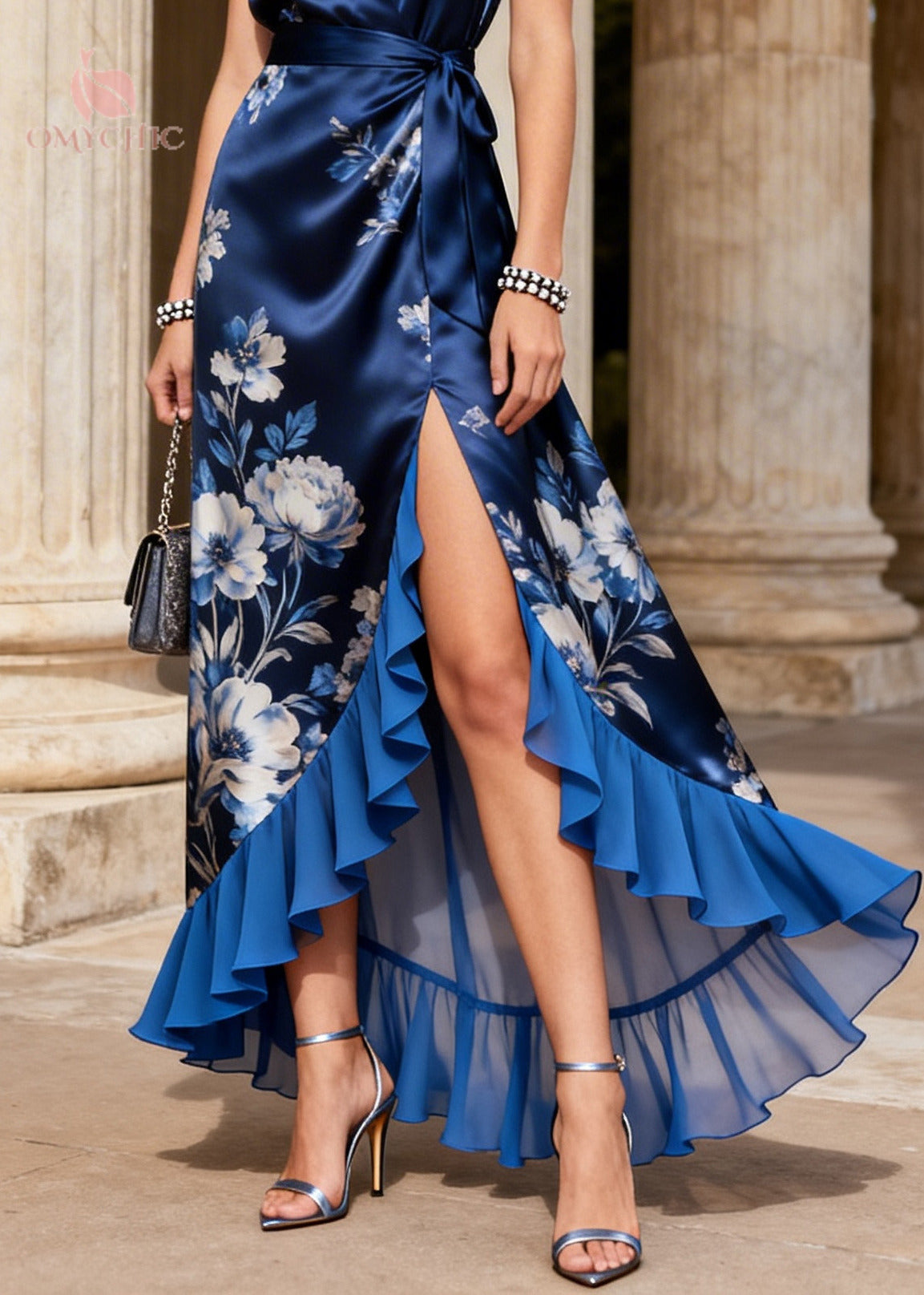 Style Navy Ruffled Print Side Open Chiffon Maxi Dresses Summer - View 4