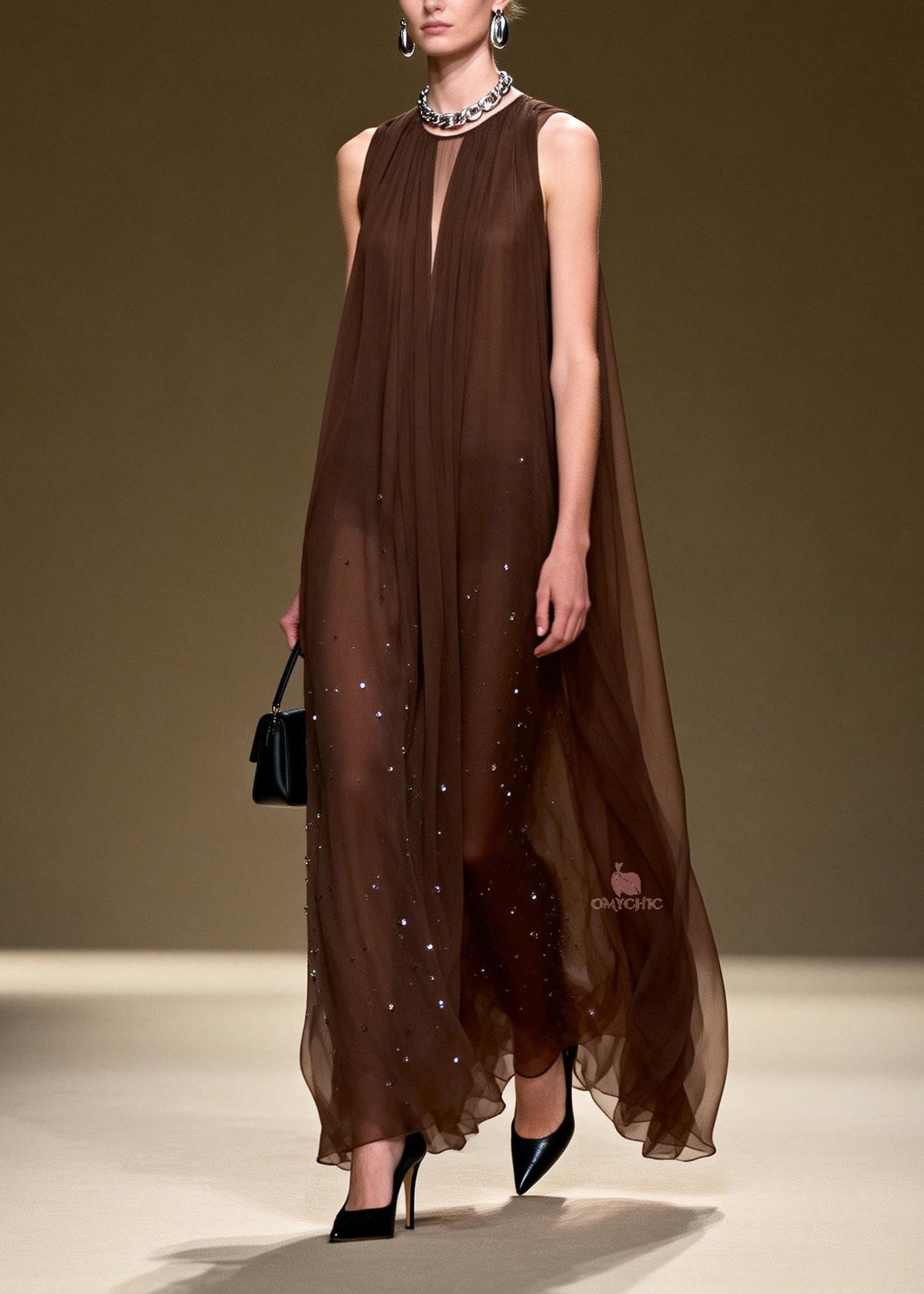 Rhinestone Scatter Round Neck Pleated Sheer Chiffon Maxi Gown