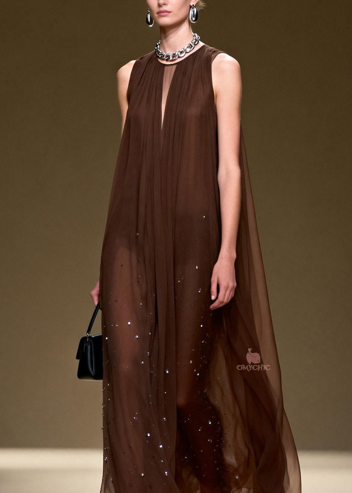 Rhinestone Scatter Round Neck Pleated Sheer Chiffon Maxi Gown