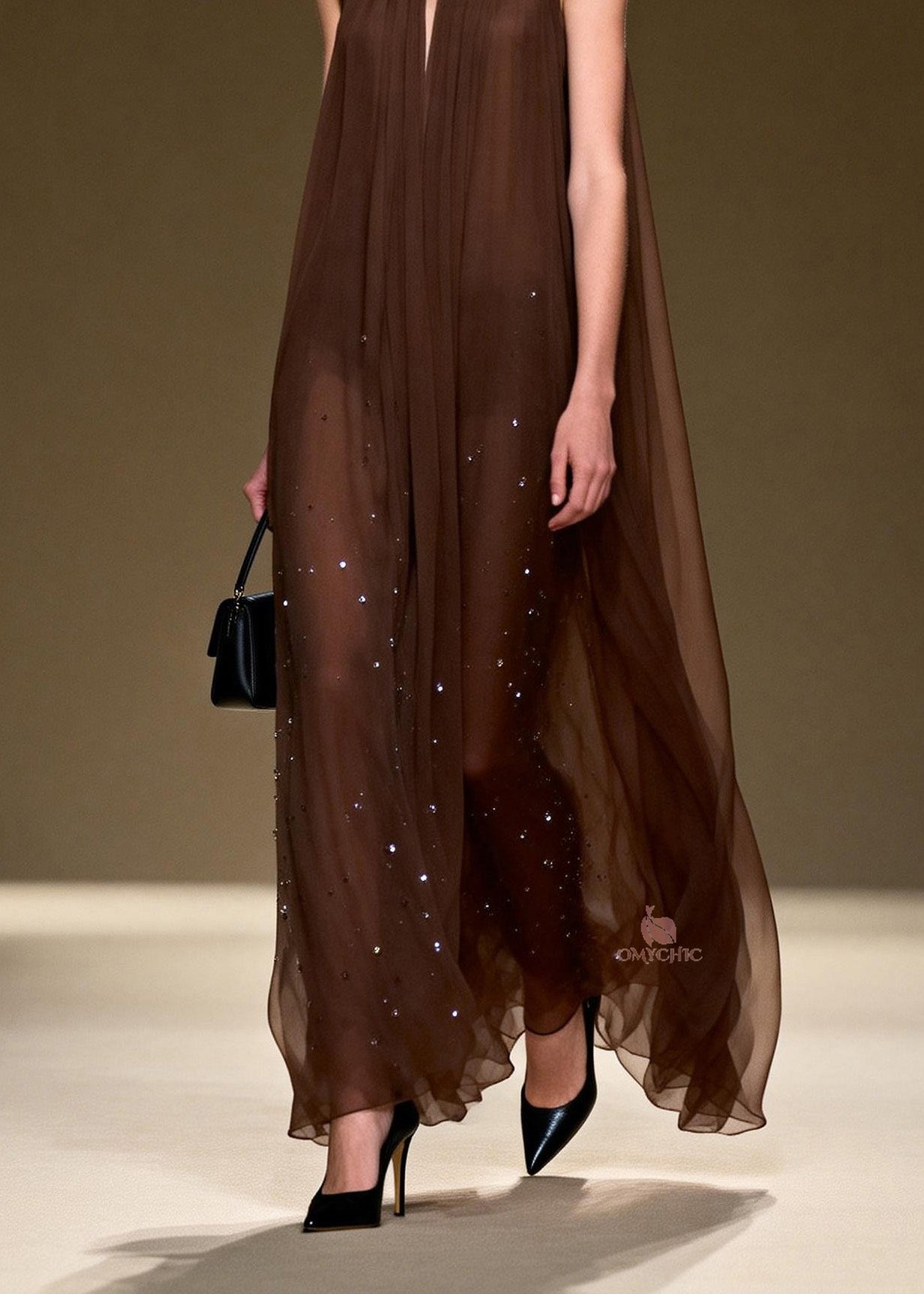 Rhinestone Scatter Round Neck Pleated Sheer Chiffon Maxi Gown