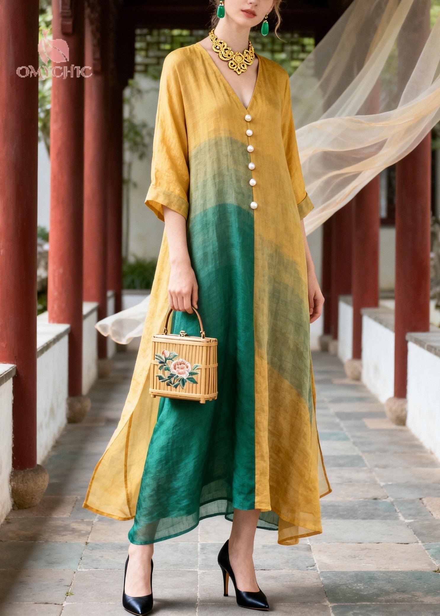 V-Neck Pearl Button Color Block Wide Sleeve Side Slit A-Line Midi Dress