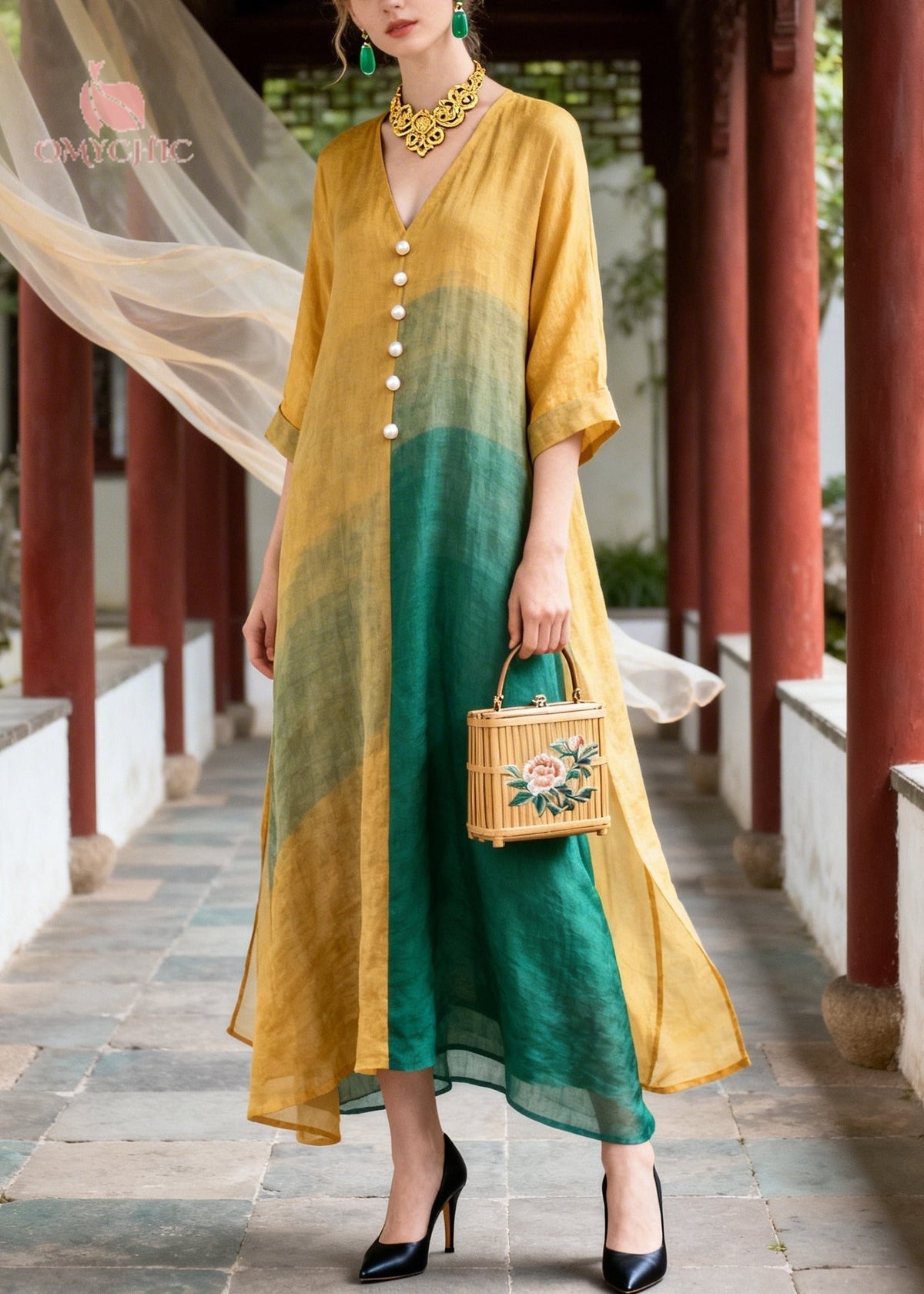 V-Neck Pearl Button Color Block Wide Sleeve A-Line Midi Dress - View 5