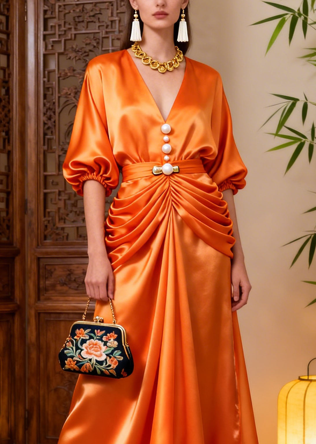 Satin Pearl Button Deep V-Neck Puff Sleeve Belted Ruched High Low Gown