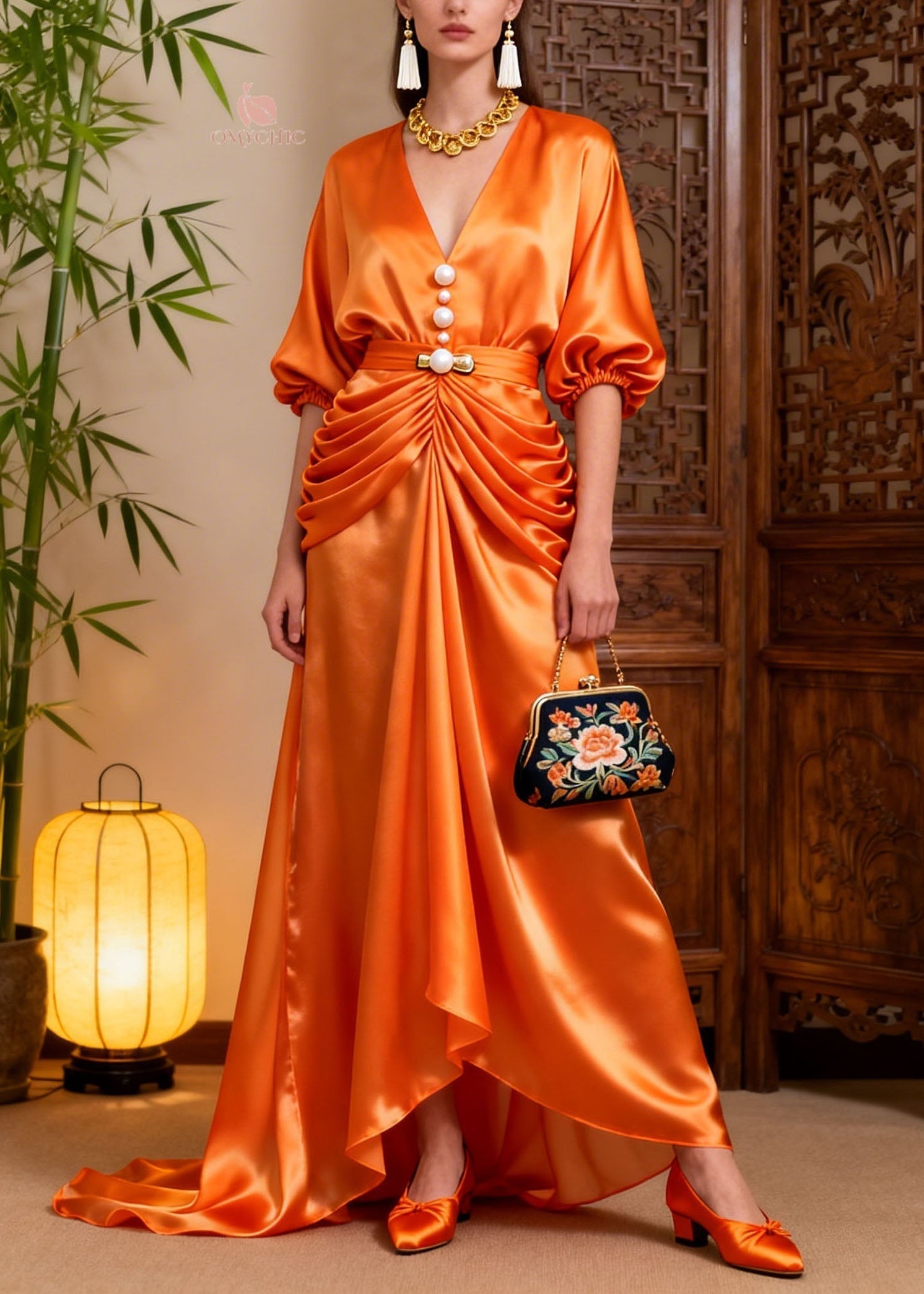 Satin Pearl Button Deep V-Neck Puff Sleeve Belted Ruched High Low Gown