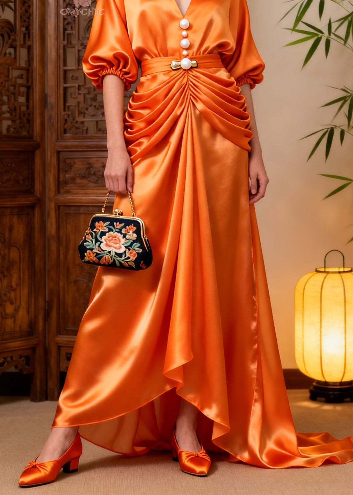 Satin Pearl Button Deep V-Neck Puff Sleeve Belted Ruched High Low Gown