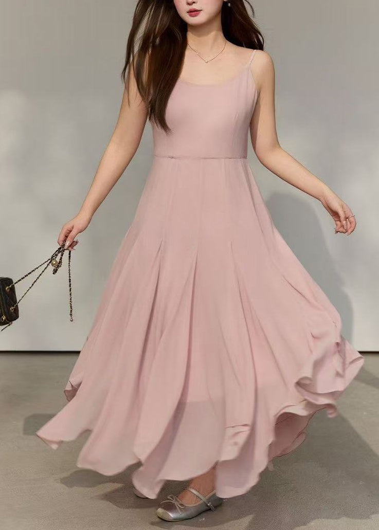 Style Pink Exra Large Hem Draping Chiffon Spaghetti Strap Dress Summer