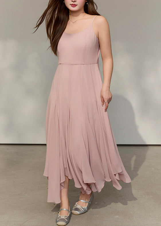 Style Pink Exra Large Hem Draping Chiffon Spaghetti Strap Dress Summer 2