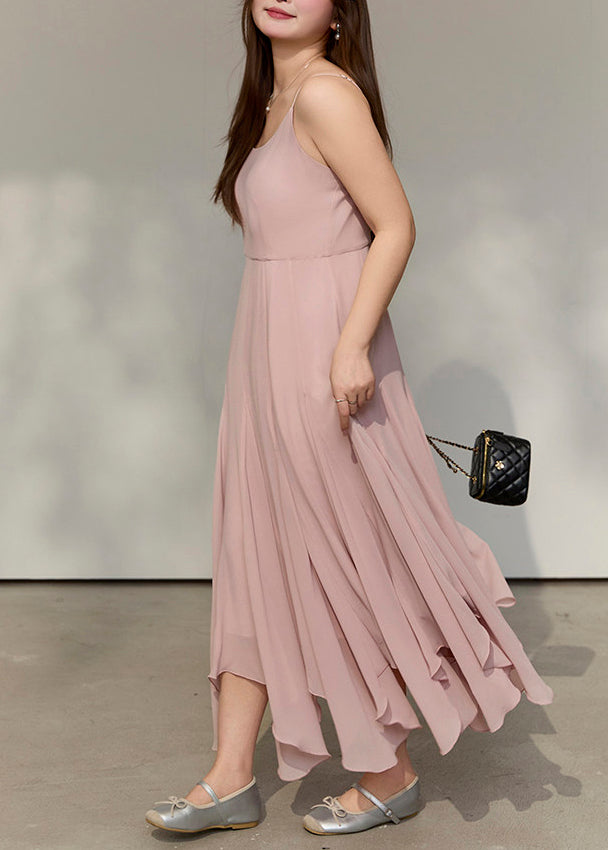 Style Pink Exra Large Hem Draping Chiffon Spaghetti Strap Dress Summer 5
