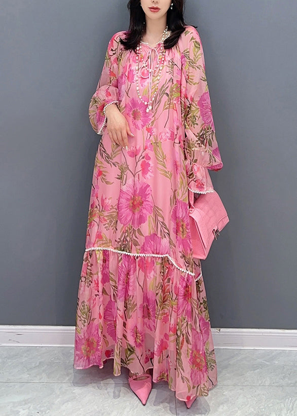 Style Pink Print Patchwork Chiffon Dress Long Sleeve - View 3