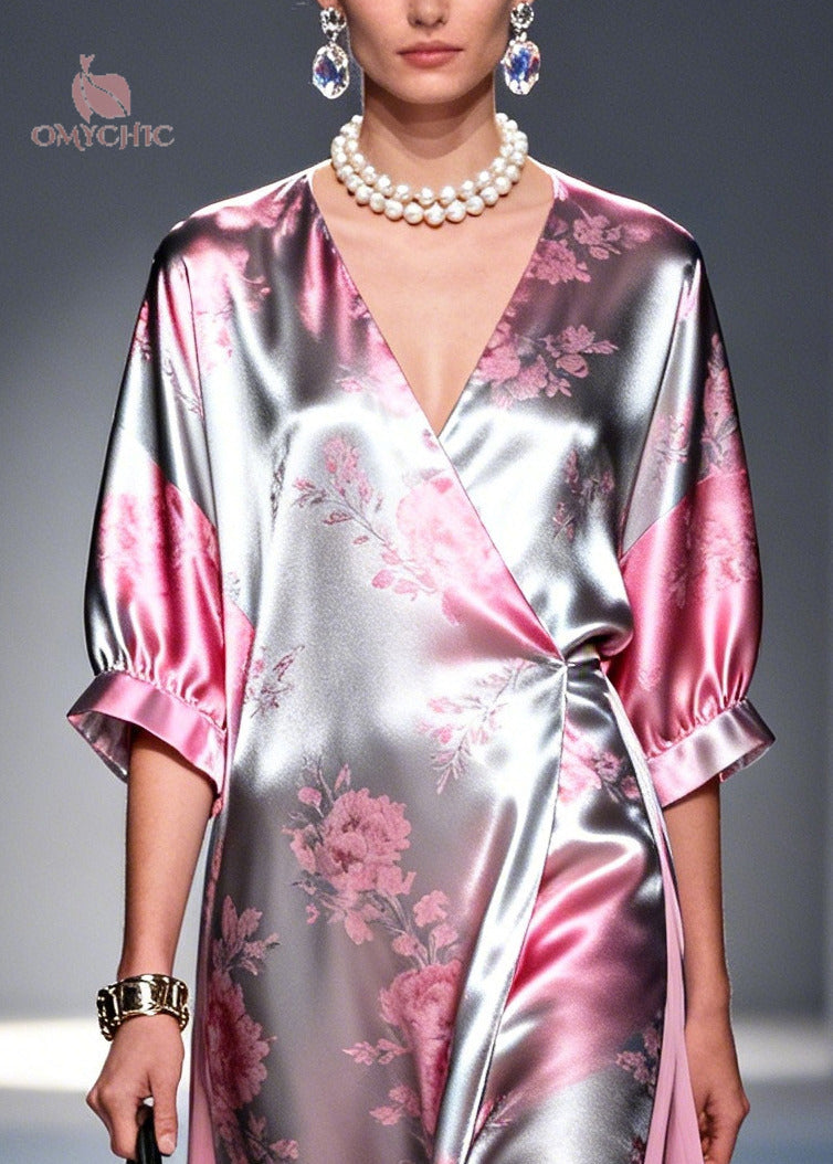 Satin Floral Deep V-Neck Kimono Sleeve High Split Wrap Maxi Dress