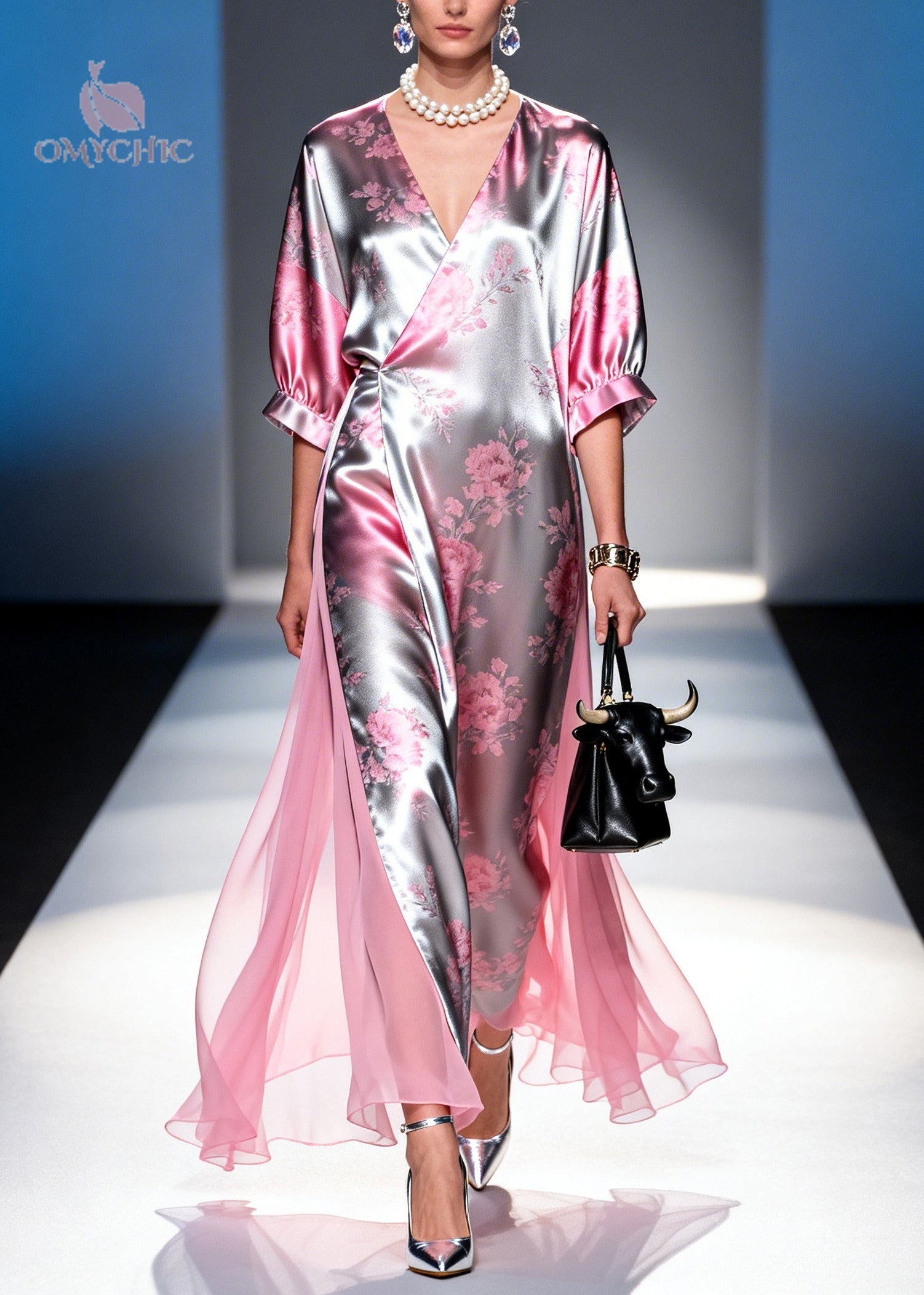 Satin Floral Deep V-Neck Kimono Sleeve High Split Wrap Maxi Dress