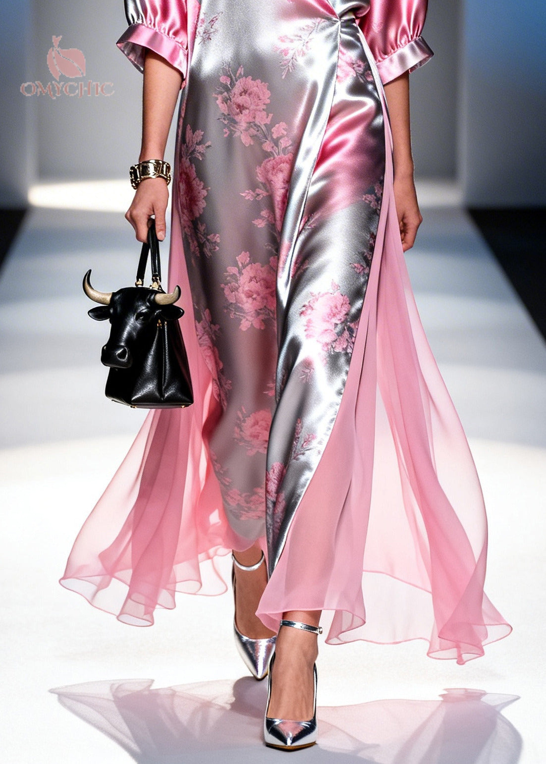 Satin Floral Deep V-Neck Kimono Sleeve High Split Wrap Maxi Dress