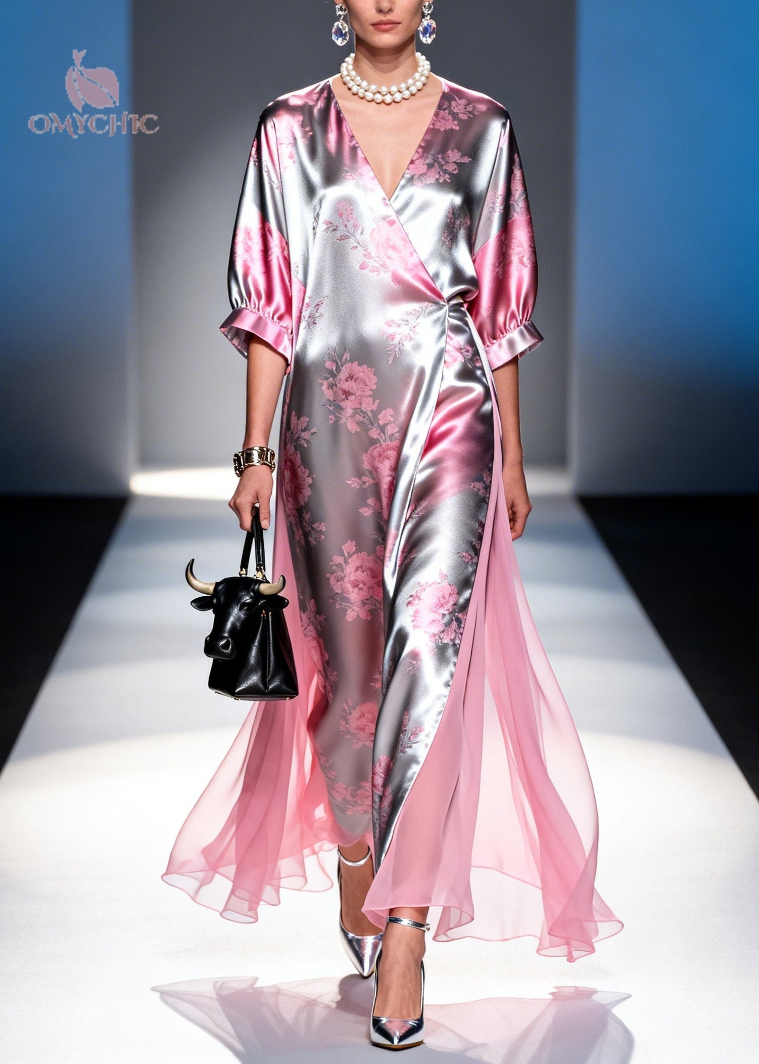 Satin Floral Deep V-Neck Kimono Sleeve High Split Wrap Maxi Dress