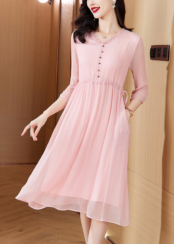 Chiffon V-Neck Ruffle Trim Button Front Drawstring Waist Pocket Layered Midi Dress