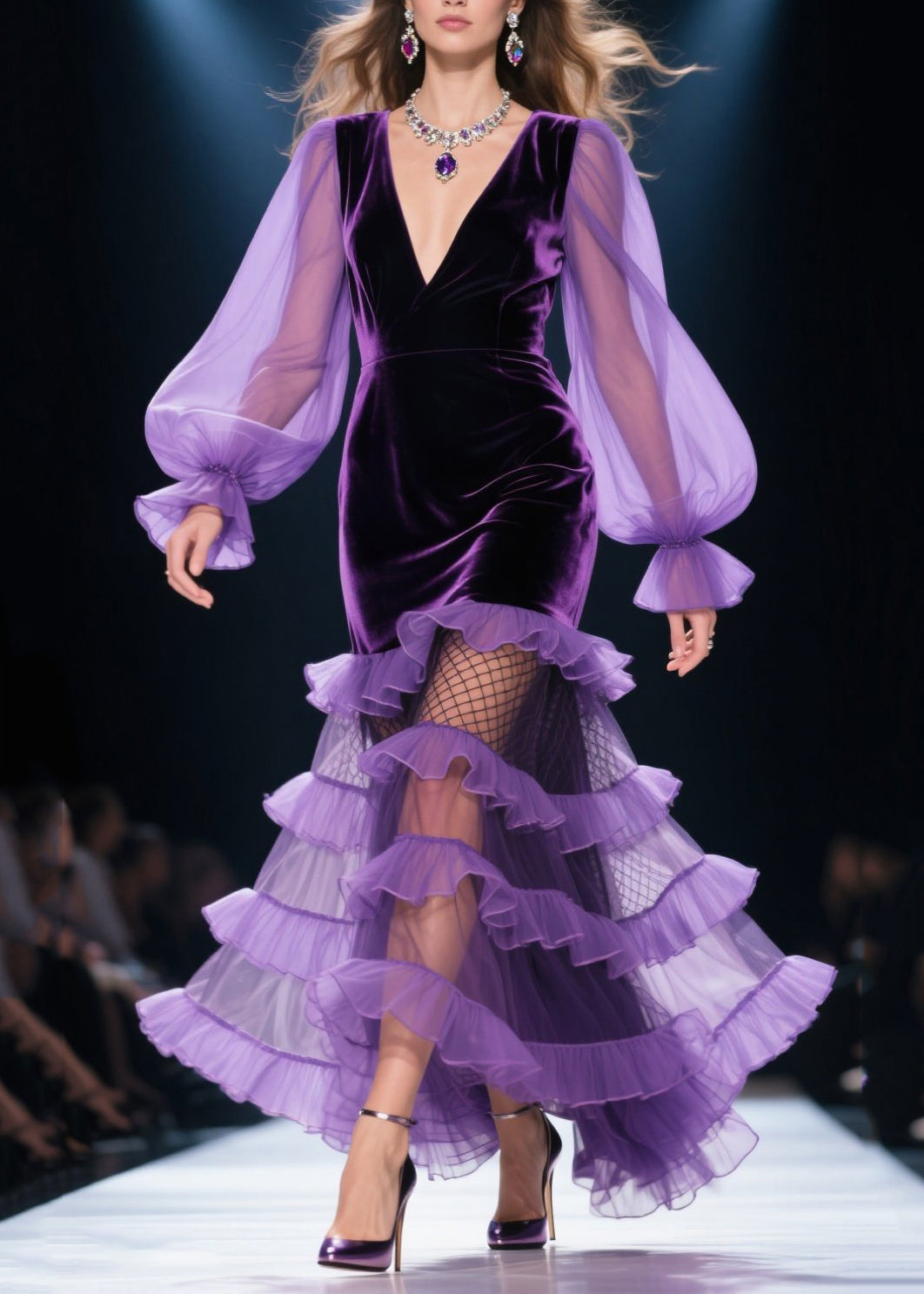 Style Purple Layered Ruffled Patchwork Silk Velvet Party Dresses Spring 3