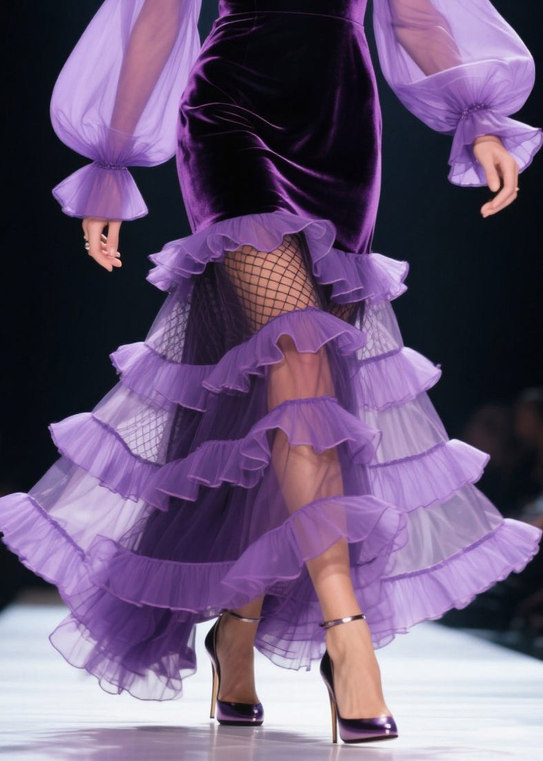 Style Purple Layered Ruffled Patchwork Silk Velvet Party Dresses Spring 4