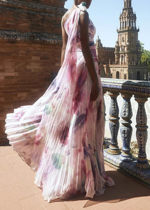 Style Purple One Shoulder Print Exra Large Hem Chiffon Dress Summer 2