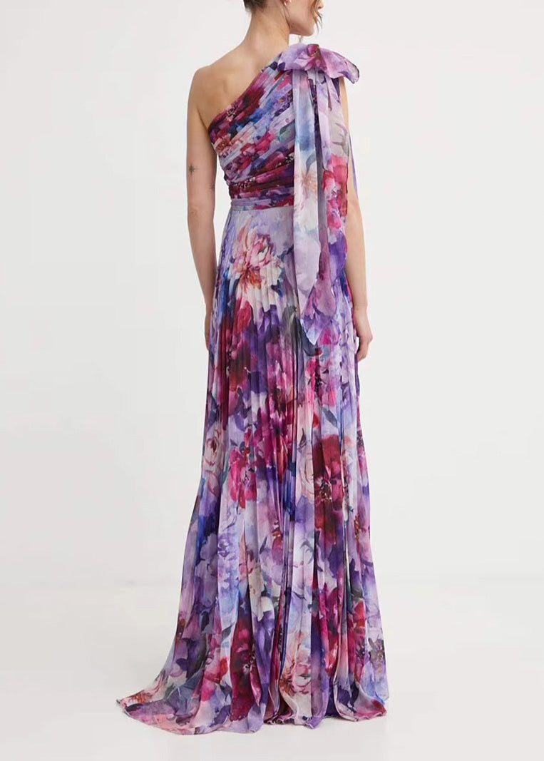 Style Purple One Shoulder Print Exra Large Hem Chiffon Dress Summer 4