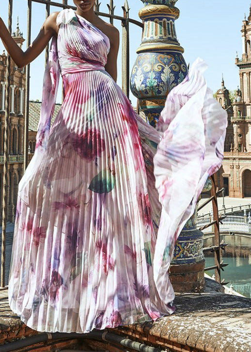 Style Purple One Shoulder Print Exra Large Hem Chiffon Dress Summer 5