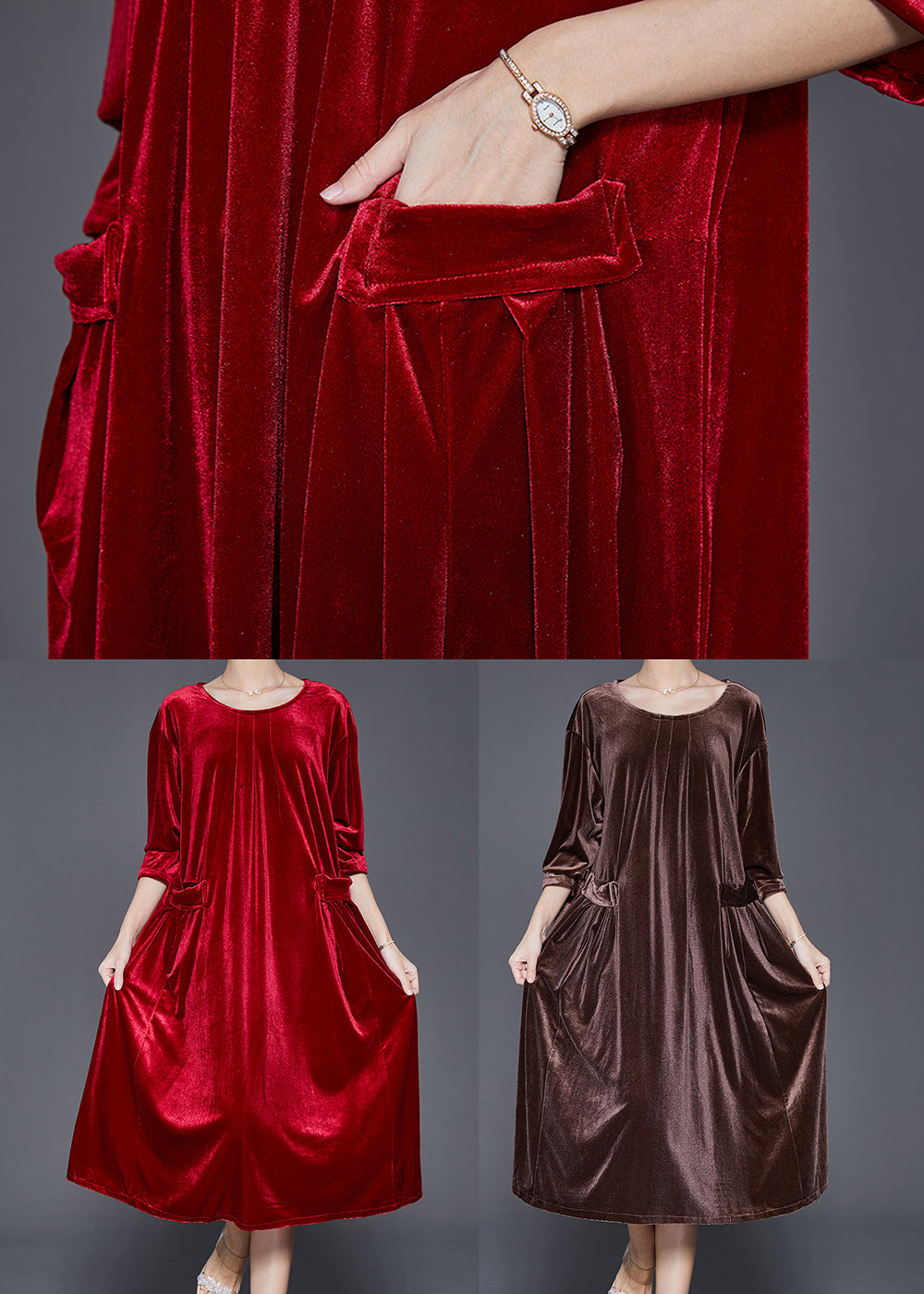 Velvet Round Neck Three Quarter Sleeve Flap Pocket A-Line Midi Dress