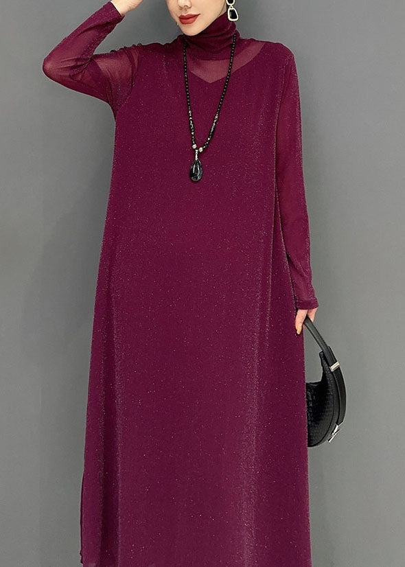 Style Rose Turtleneck Patchwork Tulle Long Dress Long Sleeve - View 5