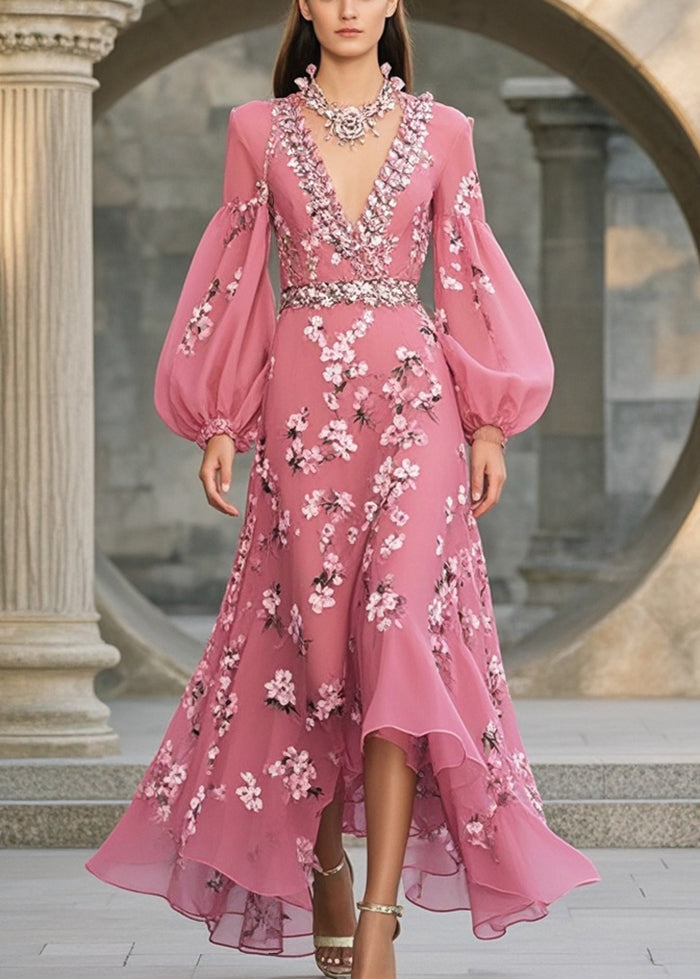 Floral Print Deep V-Neck Bishop Sleeve Rhinestone Trim High Low Midi Dress