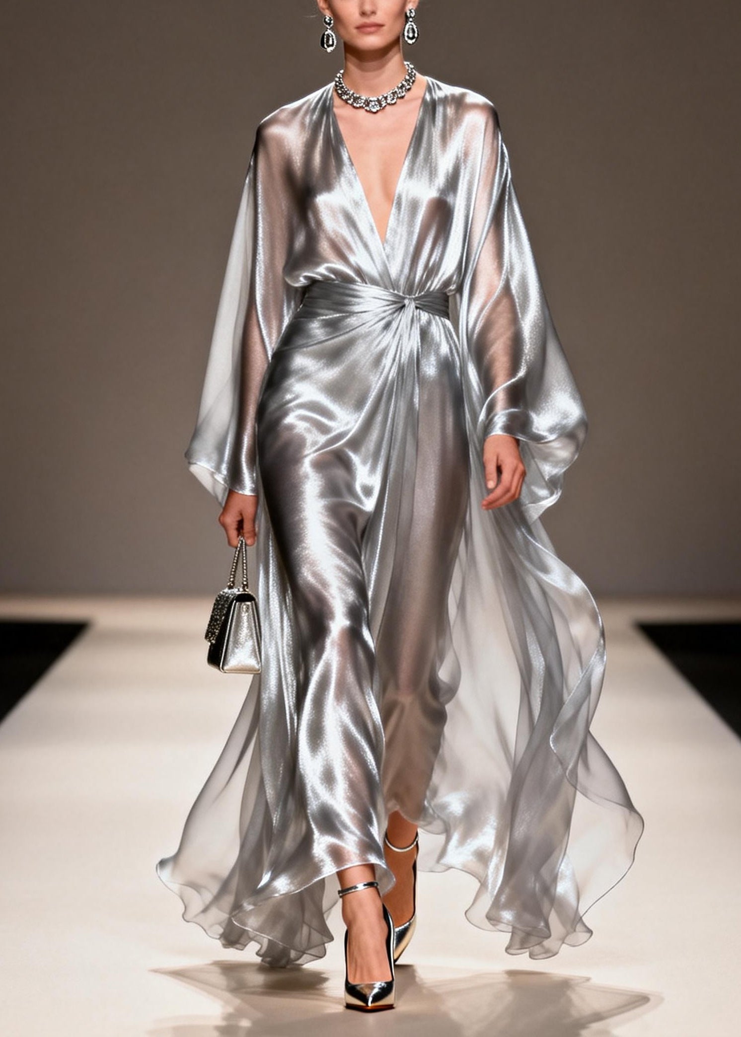 Metallic Deep V-Neck Lantern Sleeve Knot Waist Draped Chiffon Maxi Gown