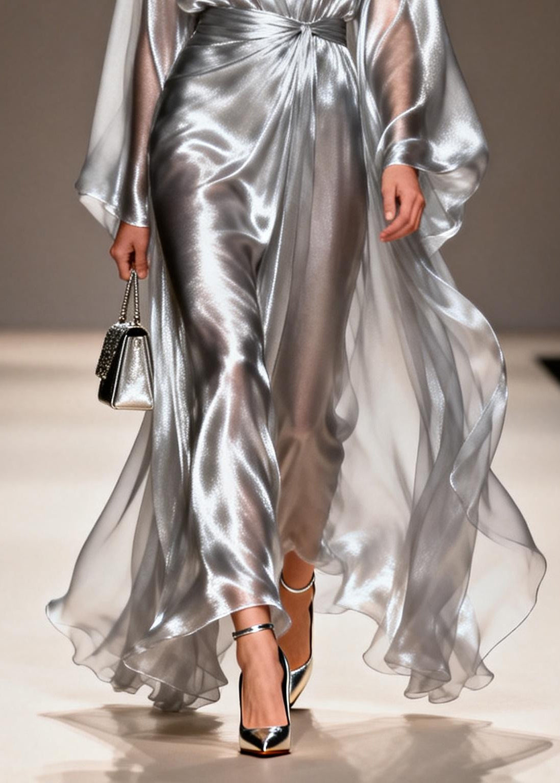 Metallic Deep V-Neck Lantern Sleeve Knot Waist Draped Chiffon Maxi Gown