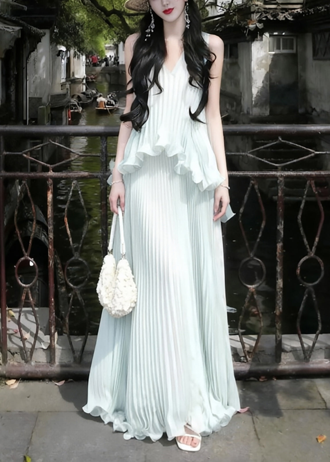 V-Neck Sleeveless Ruffle Pleated Chiffon Maxi Dress