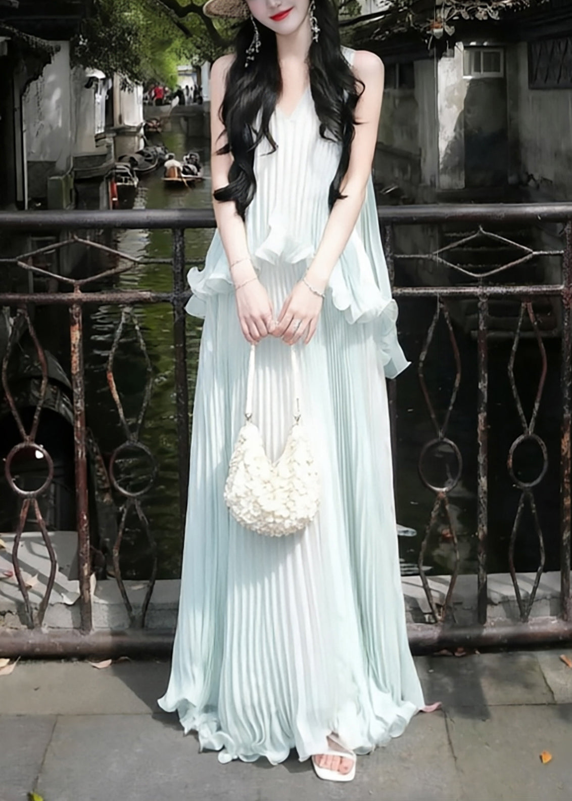V-Neck Sleeveless Ruffle Pleated Chiffon Maxi Dress