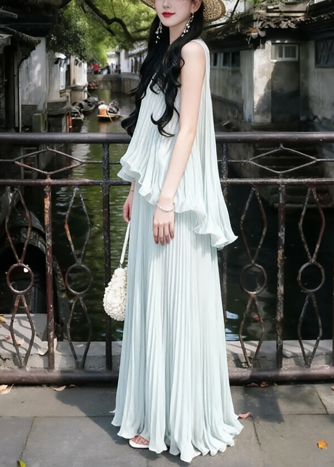 V-Neck Sleeveless Ruffle Pleated Chiffon Maxi Dress
