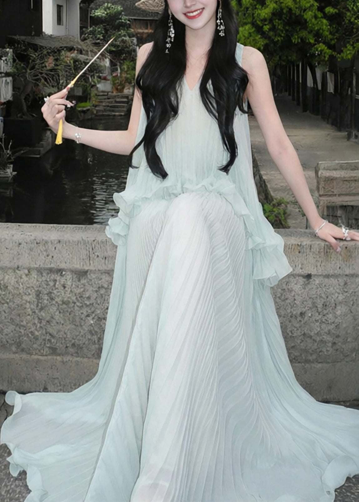 V-Neck Sleeveless Ruffle Pleated Chiffon Maxi Dress