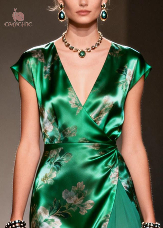 Floral Print Satin Chiffon Deep V-Neck Cap Sleeve High Split Asymmetric Midi Dress