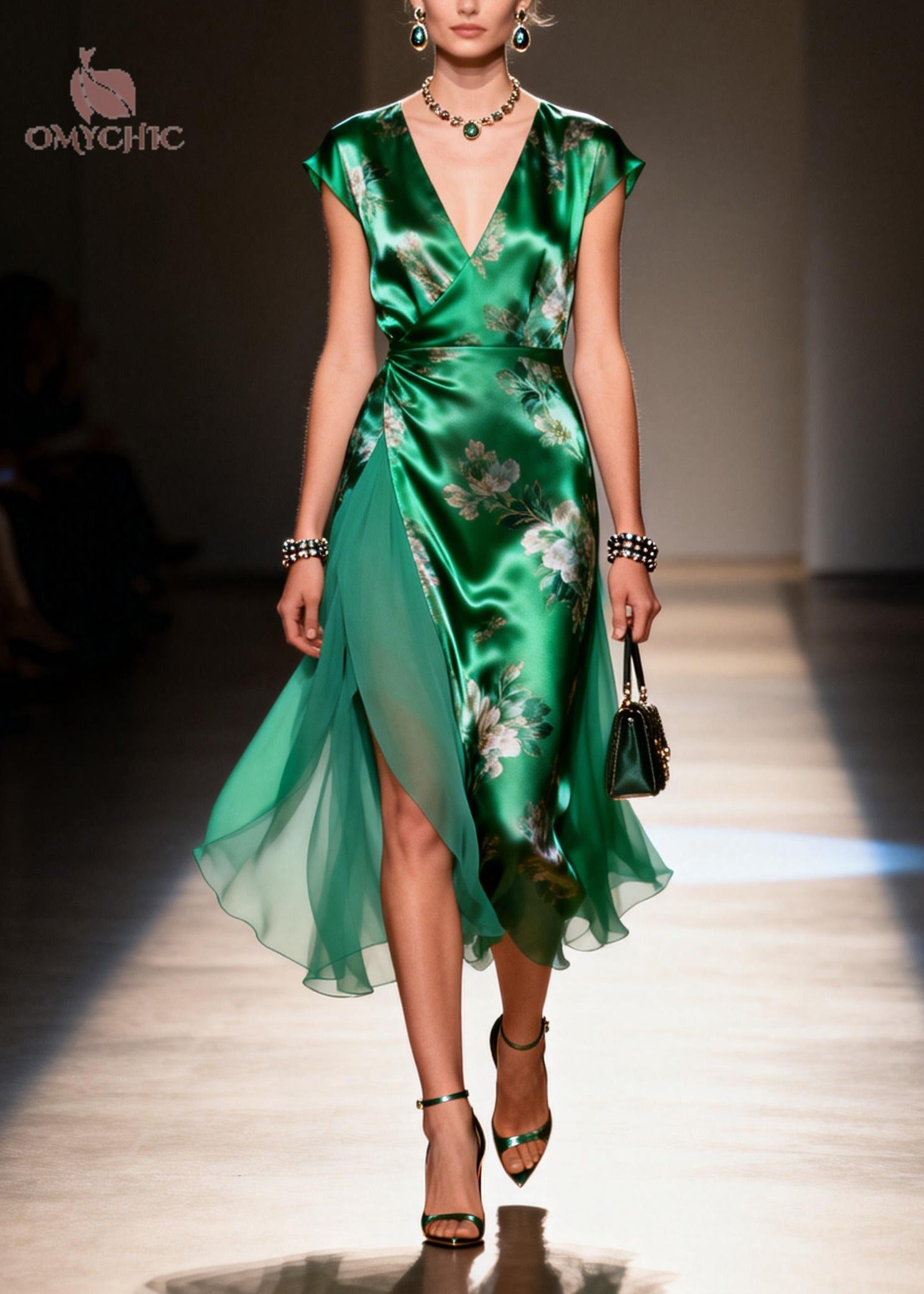 Floral Print Satin Chiffon Deep V-Neck Cap Sleeve High Split Asymmetric Midi Dress