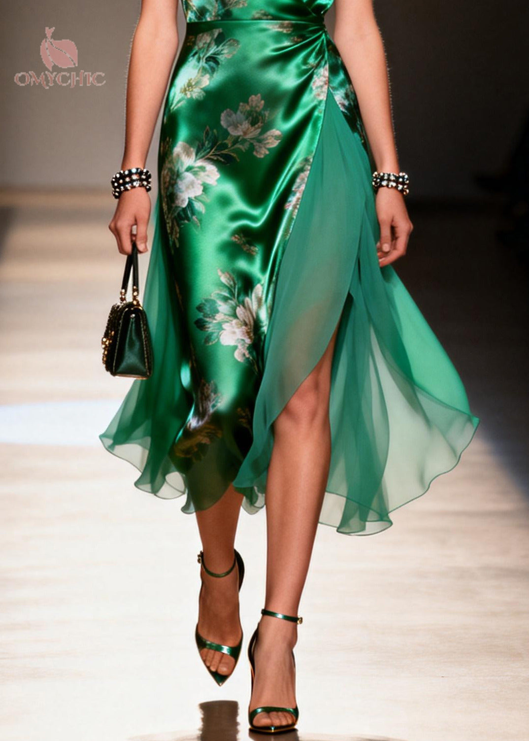 Floral Print Satin Chiffon Deep V-Neck Cap Sleeve High Split Asymmetric Midi Dress