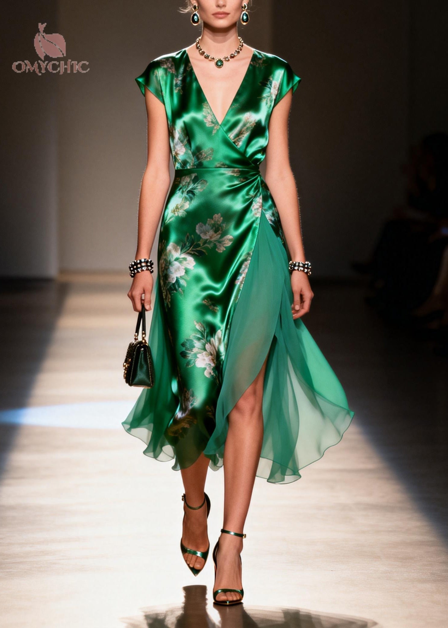 Floral Print Satin Chiffon Deep V-Neck Cap Sleeve High Split Asymmetric Midi Dress